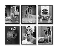 Lot de 6 impressions sur toile murale tendance pour salle de bain, noir et blanc, glamour, à paillettes, affiches d'œuvres d'art modernes et amusantes pour salle de bain, noir et blanc, 27,9 x 35,6