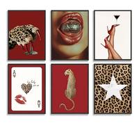 Lot de 6 impressions sur toile vintage motif léopard rouge tendance - Décoration murale funky Lucky Ace of Hearts Spades Poker - Images esthétiques - Affiches de guépard - Peinture pour appartement de