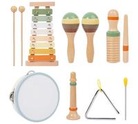 Lot de 6 instruments de musique en bois pour tout-petits de 1 à 3 ans, ensemble de percussion Orff avec xylophone, guiro, marteau de sable, corne, tambourin, triangle fer