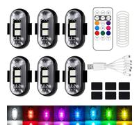 Lot de 6 lumières LED sans fil, anti-collision pour voiture, étanche, 8 couleurs, avec télécommande, clignotants, rechargeables, USB, pour voiture, drone, camion, moto