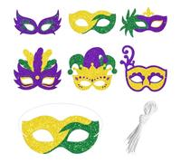 Lot de 6 masques pour les yeux en papier Mardi Gras - Accessoires de costume de carnaval - Accessoires photo pour selfie - Paillettes dorées violettes et vertes - Motif plumes - Masques en papier pour