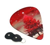 Lot de 6 médiators de guitare imprimés arbre de Noël rouge avec porte-clés en cuir - 0,46 mm, 0,71 mm, 0,96 mm d'épaisseur assortie pour ukulélé acoustique, guitare électrique, guitare acoustique