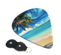 Lot de 6 médiators de guitare imprimés palmier tropical hawaïen, plage hawaïenne, avec porte-clé en cuir - 0,46 mm, 0,71 mm, 0,96 mm d'épaisseur assortie pour ukulélé acoustique, guitare électrique