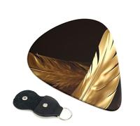 Lot de 6 médiators en cuir avec étui pour médiator de guitare acoustique et électrique, ukulélé 0,96 mm Motif plumes dorées