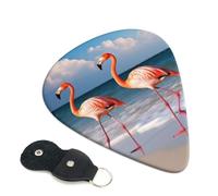 Lot de 6 médiators flamant rose marchant sur la plage avec porte-médiators en cuir, étui pour porte-clés, médiators d'art abstrait pour guitare électrique acoustique, ukulélé 0,46 mm