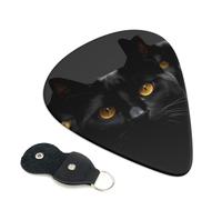 Lot de 6 médiators noirs en celluloïd avec support en cuir, motif yeux de chat noir, 0,46 mm d'épaisseur, médiators personnalisés pour basse, guitare électrique, acoustique, cadeau pour les amateurs