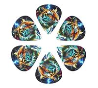 Lot de 6 médiators personnalisés Cool et Tiger noirs, épaisseurs différentes (0,46 mm / 0,71 mm / 0,96 mm) pour basse, mandoline, guitare acoustique et électrique.