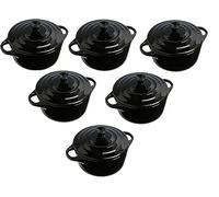 Lot de 6 Mini Cocottes Noires Céramique Double Poignées avec Couvercle 13,5cm x 8cm Contenance Moule 200ml Ramequin Résistant Haute Température Four pour Petits Plats (Noir, Lot de 6)