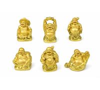 Lot de 6 mini figurines de Bouddha rieur - Statues de Bouddha porte-bonheur Feng Shui dorées - Petite décoration de prospérité en résine pour la maison, le bureau, la méditation et l'autel