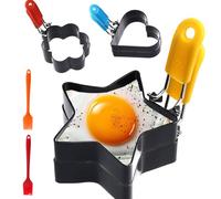 Lot de 6 Moules à Œufs au Plat avec Poignée, Pinceau à huile en Silicone, Revêtement antiadhésif, Réutilisable, Anneau en Acier Inoxydable, Cuisson Moule pour Pancakes, Omelettes