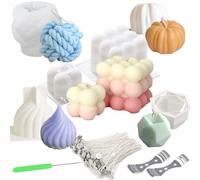 Lot de 6 moules en silicone pour fabrication de bougies - Moules en silicone pour pâtisserie, cire de soja, savon, formes géométriques de citrouille, pelle, cube à bulles - Moules à bougies parfumées