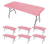 Lot de 6 nappes rectangulaires pliantes à carreaux rouges et blancs - 76,2 x 183 cm - En vinyle imperméable - Dos en flanelle avec bord élastique - Pour intérieur et extérieur - Pour pique-nique, fête