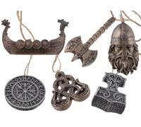Lot de 6 navires viking à suspendre peints à la main composé d'un marteau de Thor, d'une boussole viking, d'un drakkar, d'une hache, d'une tête, d'un serpent de Midgard