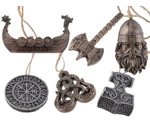 Lot de 6 navires viking à suspendre peints à la main composé d'un marteau de Thor, d'une boussole viking, d'un drakkar, d'une hache, d'une tête, d'un serpent de Midgard