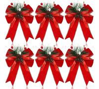 Lot de 6 nœuds de décoration pour sapin de Noël avec aiguilles de pommes de pin et ruban de Noël - Grande couronne à paillettes dorées et rouges - Décoration festive (peluche rouge pure)