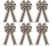 Lot de 6 nœuds décoratifs en toile de jute à carreaux double couche pour sapin de Noël, décoration d'intérieur, 15,2 x 30,5 cm (noir et blanc)