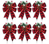 Lot de 6 nœuds décoratifs pour sapin de Noël avec pommes de pin et aiguilles - Grand ruban de Noël à paillettes dorées et rouges - Décoration festive (La Haye rouge)