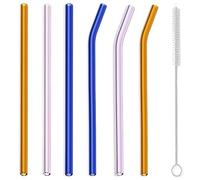 Lot de 6 pailles courbées réutilisables en verre 8 x 8 mm avec 2 brosses de nettoyage Pour thé glacé / jus de fruits Multicolore - Orange, rose, bleu
