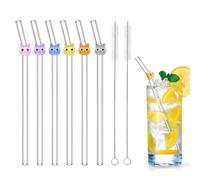 Lot de 6 pailles en verre incassables avec chat mignon, pailles colorées réutilisables, avec 2 brosses de nettoyage pour les amoureux des chats, jus, plage d'été, fête