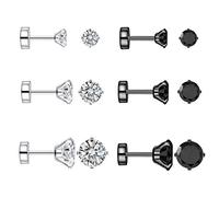 Lot de 6 paires de boucles d'oreilles à tige en acier inoxydable noir 18 g/1 mm avec petits oxydes de zirconium pour homme et femme, lot de piercings pour cartilage, lobe, hélix, fermoirs à vis plates