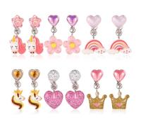Lot de 6 Paires de Boucles d'Oreilles Pendantes à Clipser, Colorées Non Percées avec Couronne de Licorne Arc-En-Ciel Fleur Cœur pour Habiller des Princesses Accessoires de Bijoux