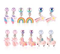 Lot de 6 Paires de Boucles d'Oreilles Pendantes Colorées à Clipser, Résine Licorne Arc-En-Ciel non Percées pour Princesse Accessoires de Bijoux de Princesse