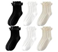 Lot de 6 paires de chaussettes en dentelle, sans couture, ourlées, élastiques au centre de la pieuvre, douces et respirantes, pour princesse, bouclés, structurés pour femme, noir, Noir , S/M