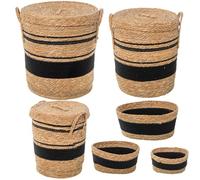 Lot de 6 paniers avec couvercle en herbe de mer et coton naturel et noir Ø42 x 48 + Ø37 x 43 + Ø32 x 38 + 33 x 23 x 16 cm