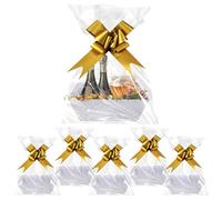 Lot de 6 paniers cadeaux, vides, en carton, avec poignées, nœuds en arc et sacs cadeaux transparents, pour Noël, fête, blanc