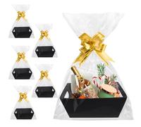 Lot de 6 paniers-cadeaux vides - Paniers cadeaux en carton avec poignées, nœuds et sacs cadeaux transparents - Pour Noël et fêtes (noir)