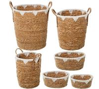 Lot de 6 paniers en herbe de mer et coton naturel et blanc Ø40 x 47 + Ø34 x 42 + Ø28 x 37 + 34 x 25 x 16 cm