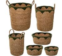 Lot de 6 paniers en herbe de mer et coton naturel et vert Ø40 x 47 + Ø34 x 42 + Ø28 x 37 + 34 x 25 x 16 cm