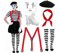 Lot de 6 Pantomime Costume pour Homme et Femme, Costume de Pantomime avec Béret Noir,Écharpe Rouge,Gants,Tatouage,Chaussettes et Bretelles, Costume de Clown pour Carnaval, Halloween, Soirée Cosplay