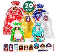 Lot de 6 paquets de 20 sacs cadeaux de Noël avec cordon de serrage - Extra large, moyen et petit - Sacs cadeaux en aluminium - Différentes tailles avec étiquettes à cordon