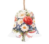 Lot de 6 pendentifs en bois en forme de cloche de Noël - Motifs drapeaux et fleurs - Décoration pour arbre, porte, fenêtre, table