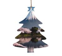 Lot de 6 pendentifs en bois en forme de sapin de Noël - Motif Mont Fuji au début du printemps - Décoration pour arbre, porte, fenêtre, table