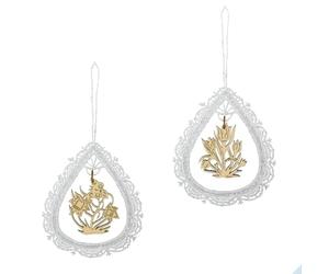 Lot de 6 pendentifs « goutte » avec jonquille et tulipe, 9,5 cm, dentelle de Plauen d'origine, couplé à un véritable art du bois des monts Métallifères