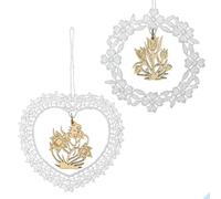 Lot de 6 pendentifs « Printemps » avec motif en bois Narcisse et tulipe, 6 cm, dentelle de Plauen originale associée à un véritable art du bois des monts Métallifères