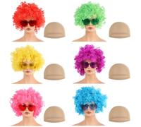 Lot de 6 perruques de clown fluo, perruques afro bouclées colorées avec lunettes en forme de cœur, bonnets de perruque inclus, postiches de fête vibrantes pour femme