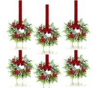 Lot de 6 Petites couronnes de Noël - Mini couronnes de Noël avec Baies Rouges et Eucalyptus pour Porte, armoires de Cuisine, fenêtre, cheminées