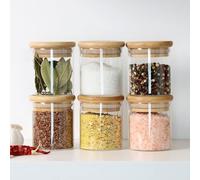 Lot de 6 petits récipients ronds en verre borosilicate hermétiques avec couvercles en bambou pour épices, collations, aliments secs, thé, café, farine, multi-grains (220 ml)