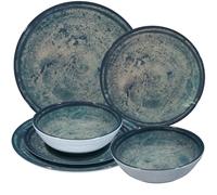 Lot de 6 pièces de vaisselle en mélamine - Granit de lune - Bleu/gris - Pour 2 personnes - Aspect faïence - Passe au lave-vaisselle - Accessoires de camping - Pour caravane, festival, pique-nique