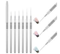 Lot de 6 pinceaux pour nail art, peinture fine, détails de peinture, pinceau à rayures avec manche en gel acrylique - Cadeaux de manucure - Tailles 5/7/9/11/15/25 mm, argenté