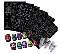 Lot de 6 pochoirs autocollants creux pour ongles Halloween - Motifs effrayants et élégants avec chauves-souris, fantômes, citrouilles et crânes, faciles à utiliser en salon comme à la maison