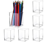 Lot de 6 pots à crayons carrés en acrylique transparent - Pot à crayons - Pot à crayons transparent - Porte-pinceaux de maquillage - Panier de rangement pour l'école, la maison, le bureau