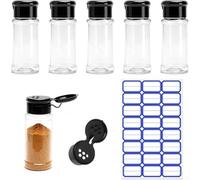 Lot de 6 pots à épices avec étiquettes | Bouteilles d'assaisonnement transparentes en PET de 100 ml | Couvercle à rabat pour sel et herbes | Boîtes de rangement compactes pour cuisine | Noir