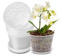 Lot de 6 pots à orchidées transparents avec ventilation latérale et bouton central surélevé pour flux d'air et 6 soucoupes pour soutenir la surveillance de la santé des racines (140)