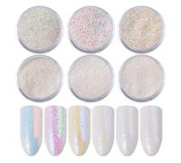 Lot de 6 pots poudre acrylique blanche pailletée fluorescente pour Nail Art, Effet/Sirène/Miroir, Pigment Glitter Poussière Pinceau et Débutants Laser Holographic Powders