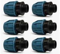Lot de 6 raccords de serrage en polypropylène - 25 mm x 1" - Filetage extérieur - Pression 16 bars - Raccord de tuyau en polyéthylène noir/bleu - Pour eau potable (DVGW/KIWA/WRAS/SVGW)