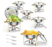 Lot de 6 Réchaud à Buffet Or, Ensemble de Chauffe Inox avec Couvercles, Porte-Couvercle, Cuillères & Pinces, Plats Buffet Traiteur